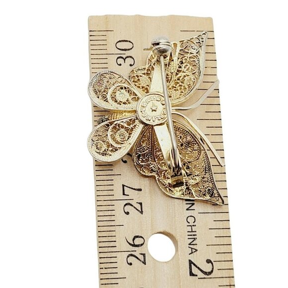 Vtg Filigree Sterling Silver W/ Gold Vermeil Butterfly Brooch Delicate Ornate - Picture 8 of 8